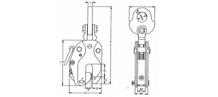 SLT型豎吊鋼板鉗結構尺寸圖
